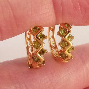18K Yellow Gold Filled Peridot Olive Green Diamond Zircon Hoop Huggie Earrings